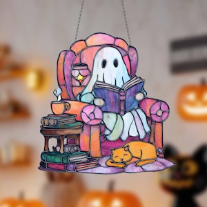 Custom Reading Book Ghost Faux Stained Glass Acrylic Suncatcher, Spooky Reading Book Window Decor for Halloween, Gothic Book Lovers Gift