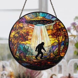 UFO Abduction Bigfoot Mountain GLASS Suncatcher, Bigfoot Suncatcher, Bigfoot Lover Gift, Unique Sasquatch Hanging Window, Nature Suncatcher