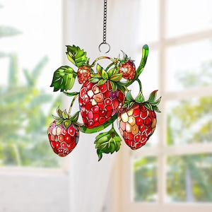 Strawberries Window Decor, Flowers Acrylic Window Hanging Art Decoration, plant lover Ornament, Gift for her, Mothers day, House decor