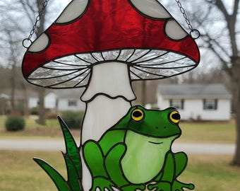 Mushroom and Frog Stained Glass Pattern: DIY Suncatcher Design (PDF Download