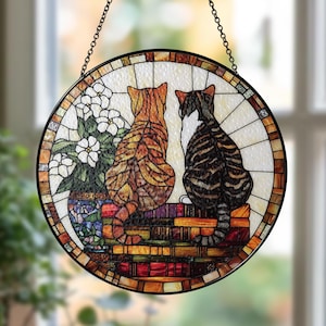 Personalized Cat an Book Stained Glass Suncatcher, Book Window Decor, Book Lover Gift, Bookish Ornament, Cat Lover Gift, Gift for her, mom