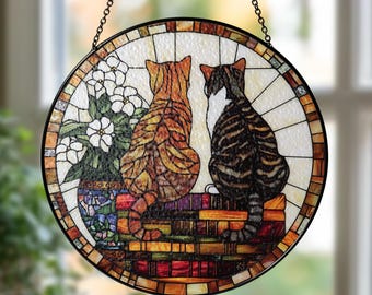Personalized Cat & Book Stained Glass Suncatcher: Book Lover Window Decor