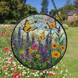 Stained Glass Lavender Suncatcher, Monarch Butterfly Stained Glass Suncatcher, window hangings for garden, Gift for her, House decor