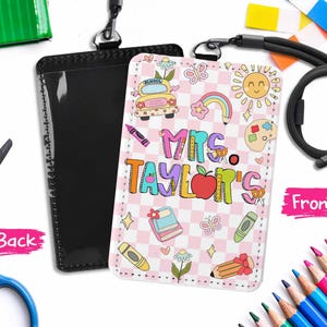 Personalized Teacher ID Badge Holder, Back To School Gift Teacher Leather ID Card Holder,Coquette Lanyard Holder Teacher Lanyard Accessories