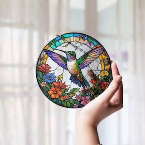 Wild Flowers  Stained Glass, Humming Bird Stained Glass Suncatcher, window hangings for garden, Gift for her, House decor, Bird Lovers Gift