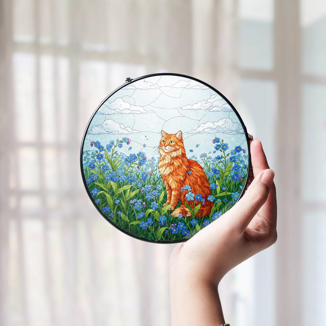 Cat Stained Glass Suncatcher, Mothers Day Gift for Mom, Forget Me Not ...