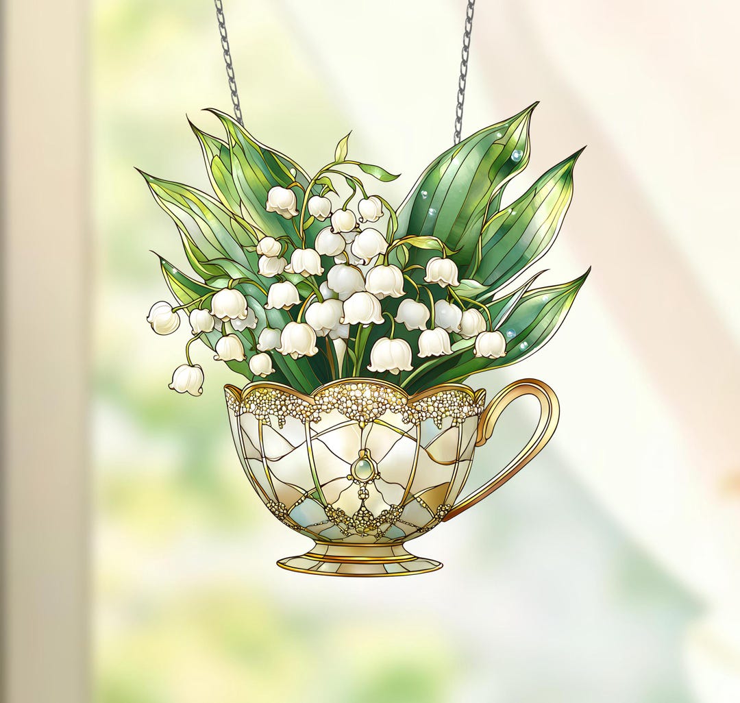 Lily of the Valley Teacup Acrylic Window Hanging: Floral Home