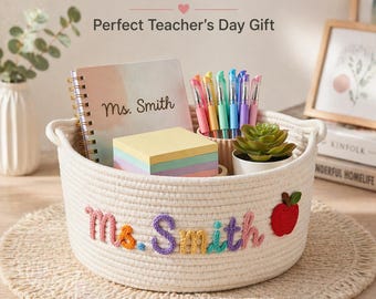 Cesta de regalo personalizada para el Día del Maestro, organizador de cuerda de algodón hecho a mano, almacenamiento con nombre personalizado, regalo para el aula, regalo para el Día del Maestro