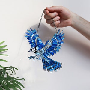 Blue Jay Acrylic Window Hanging: Peony Flowers, Nature Decor