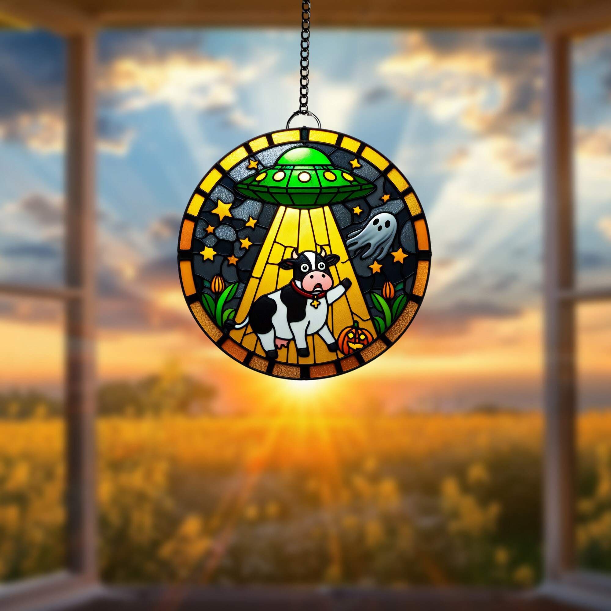 UFO牛誘拐アクリル窓飾り：ハロウィンゴーストオーナメント - Etsy 日本