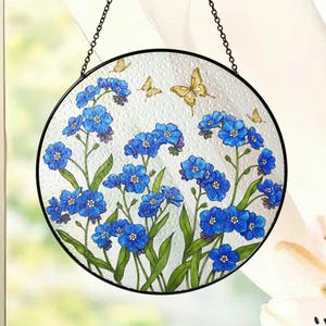 Forget Me Not Stained Glass Suncatcher, Window Hanging Decor, Botanical Glass Ornament, Handmade Floral Sun Catcher, Nature Inspired Art