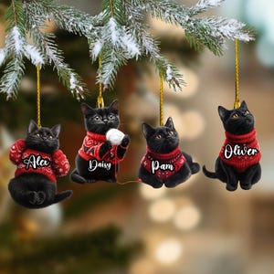 パーソナライズされた黒猫のクリスマスオーナメント、黒猫のオーナメント、クリスマスツリーの吊り下げ、黒猫のギフト、クリスマスギフト、クリスマスの装飾