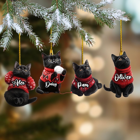パーソナライズされた黒猫のクリスマスオーナメント：アクリル製