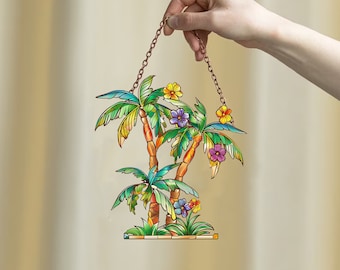 Palm Tree Acrylic Window Hanging: Floral Faux Stained Glass Art