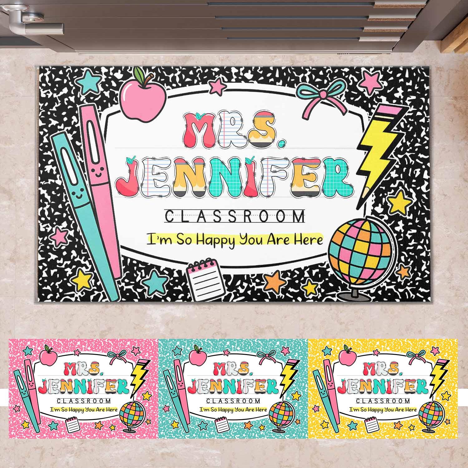 Personalized Teacher Classroom Doormat, Teacher Name Welcome Mat, Teacher Appreciation Gift, Composition Notebook Classroom Office Doormat