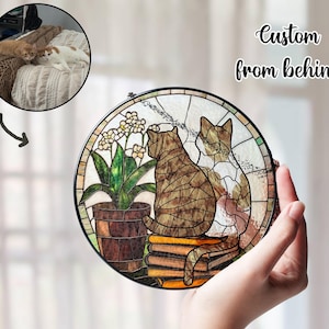 Personalized Cat an Book Stained Glass Suncatcher, Book Window Decor, Book Lover Gift, Bookish Ornament, Cat Lover Gift, Gift for her, mom