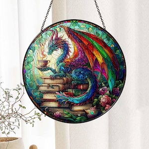 Dragon Sleeping on Books Stained Glass Suncatcher, Fantasy Book Lover Decor, Tea and Coffee Art, Mystical Window Hanging, Gift for Readers