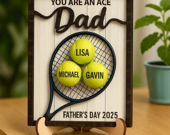 Personalized Tennis Dad Wooden Plaque: Custom Kid's Names