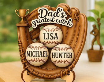 Personalized Baseball Dad Plaque: Wooden Glove, Custom Names