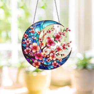 Sakura Twig Branch ACRYLIC Window Hanging, Cherry Blossom Crescent Moon Wall Window Hanging Art Decoration Ornament, Mother&#39;s Day Gift
