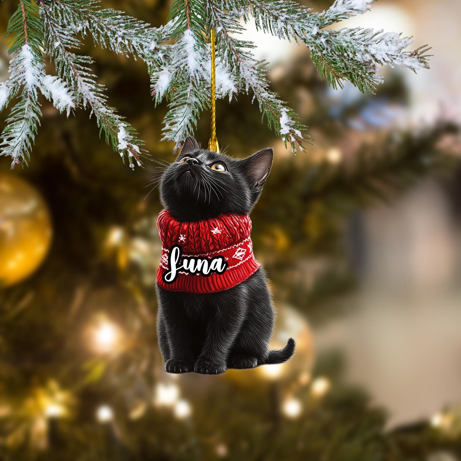 パーソナライズされた黒猫のクリスマスオーナメント：アクリル製