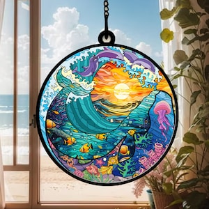 Ocean wave suncatcher, acrylic ocean mysterious, window hangings, Whale with flowers artwork, Suncatcher Ornament gift for herm, art decor