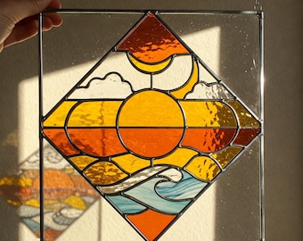 Geometric Sun and Moon Stained Glass Pattern: Suncatcher Design (Digital Download)