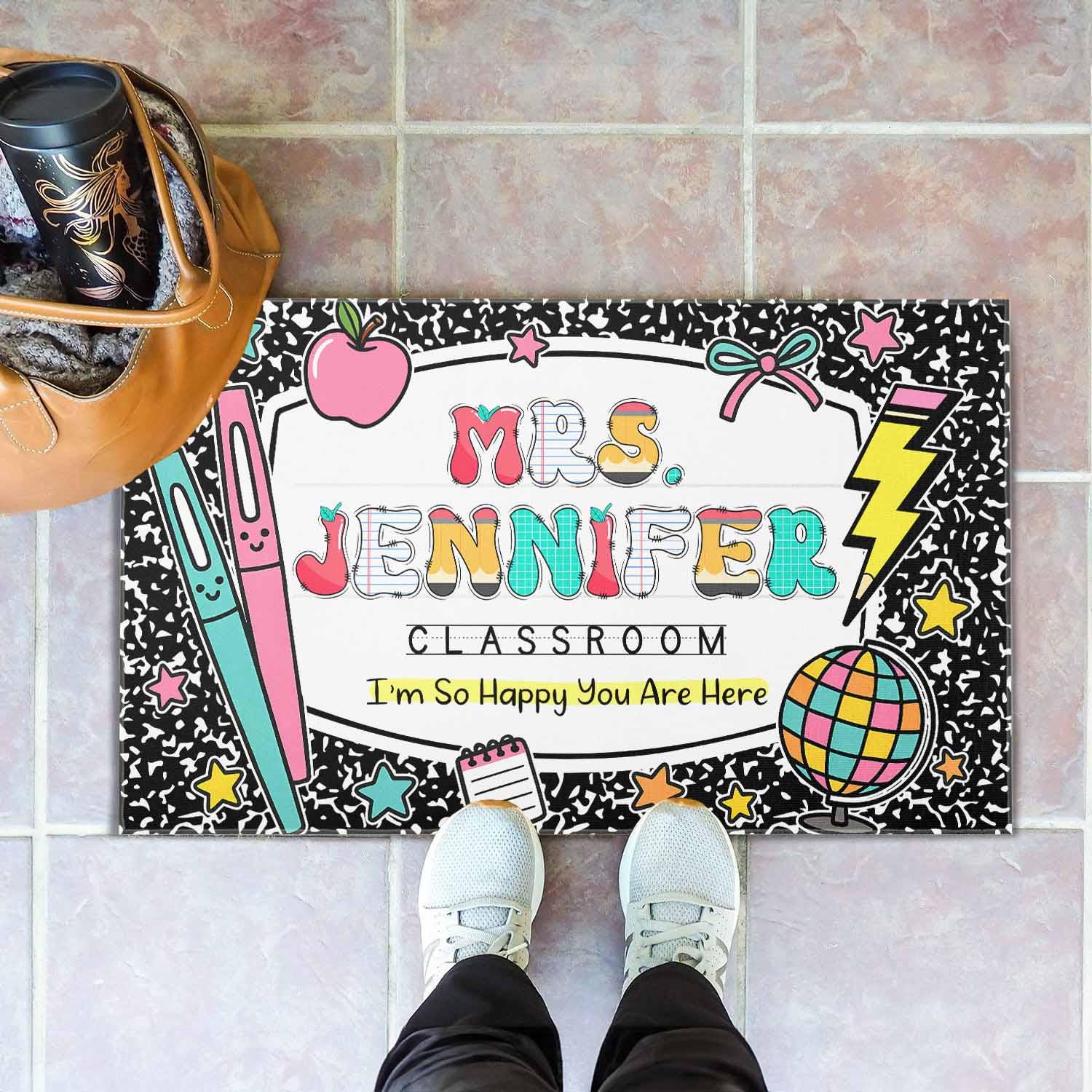 Personalized Teacher Classroom Doormat, Teacher Name Welcome Mat, Teacher Appreciation Gift, Composition Notebook Classroom Office Doormat
