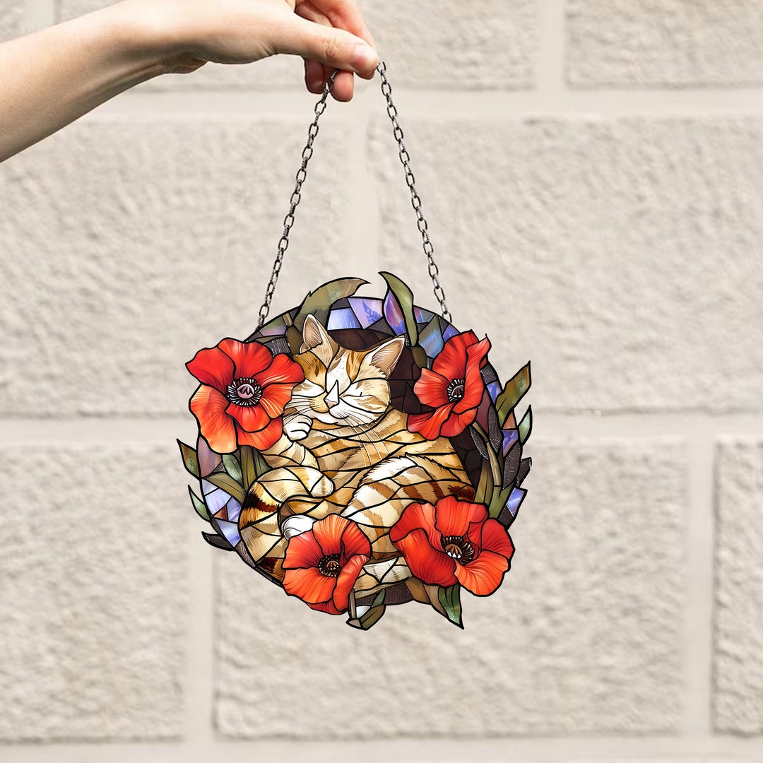Buy Personalized Suncatcher Cat, Acrylic Suncatcher, Poppy Flowers