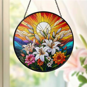 Mother&#39;s Day Gift 2025, Lily Flowers Stained Glass Suncatcher, Birth Month Flowers Window Decor, Botanical Glass Ornament,Flowers Lover Gift