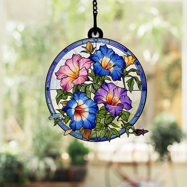 Suncatcher Victorian Style Morning Glory, Flowers Acrylic Window Hanging Art Decoration, Yellow flowers, Suncatcher Ornament, Gift for her