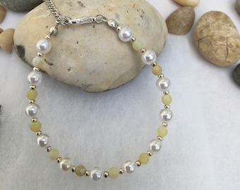 Yellow Agate Gemstone and Pearl Bracelet