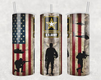 May include: A stainless steel tumbler with a red, white and blue American flag design. The tumbler features a silhouette of a soldier, a tank and a helicopter. The text "U.S. ARMY" is printed on the tumbler.