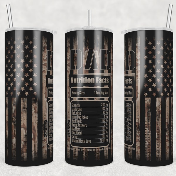 Camo Dad Nutrition Facts Tumbler, 20oz Skinny Tumbler Png, Fathers Day Tumbler, Father Sublimation Designs, Usa Flag Version, Man Tumbler