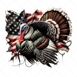 Caza de pavos PNG, pavo del 4 de julio PNG, sublimación de pavo con camuflaje y bandera estadounidense PNG, clipart patriótico de pavo, diseño de camiseta de cazador