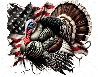 Op de afbeelding: Een kleurrijke illustratie van een kalkoen met zijn veren uitgespreid, staand voor een gescheurde Amerikaanse vlag.