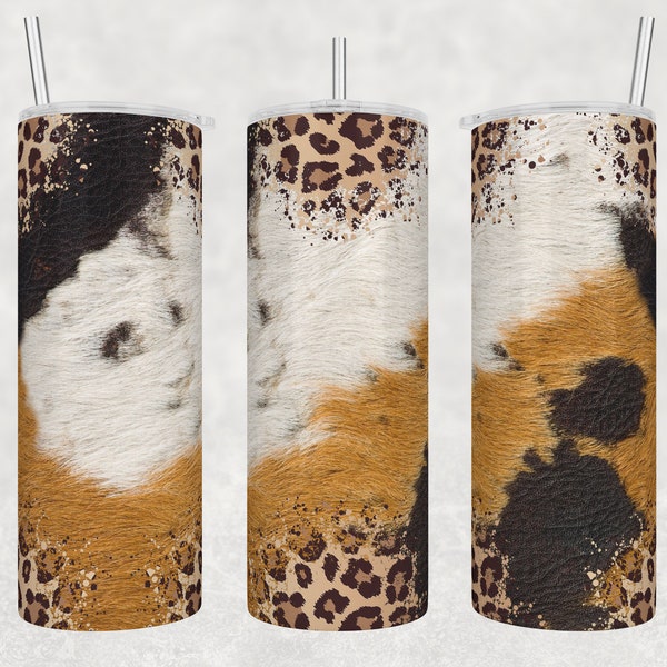 Cow hide and Leopard 20oz Skinny Tumbler Png, Cowhide Leopard Theme, Digital Tumbler wrap template, Add your own text and Photo