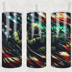 American Flag Camo Soldier 20 oz Skinny Tumbler PNG, Torn and Tattered Style, Veteran Soldier Tumbler Wrap - Unique Patriotic Design