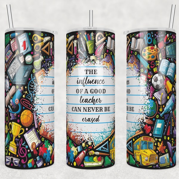 Teacher 20oz Skinny Tumbler Png, 2 Different Style, The influence of a good teacher, School elements, Teacher Seamless Tumbler Wrap Png