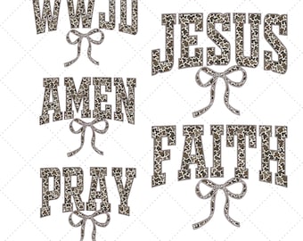 May include: A collection of text graphics with a camouflage pattern. The words "WWJD", "JESUS", "AMEN", "FAITH", and "PRAY" are displayed with decorative bows. The background is white with a subtle diamond pattern.