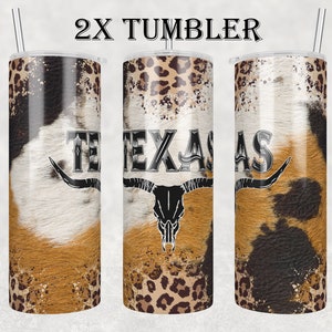 Texas 20oz Skinny Tumbler Png, koeienhuid en luipaard thema, Bull Skull, zwarte versie, Texas Longhorn Tumbler Wrap en Straight Png