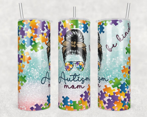 Warning Autism Mom Patience Color Splats and Puzzle Design  20oz Skinny Straight Tumbler Wrap Digital Download PNG