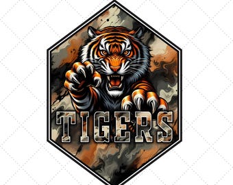 May include: A fierce orange and black tiger with sharp claws and a menacing expression bursts through a hexagonal frame with a swirling brown and black background. The word "TIGERS" is written in bold, white letters below the tiger.