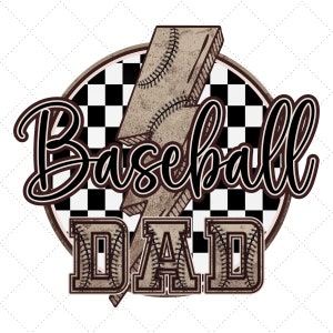 Puede incluir: Un gráfico de béisbol en marrón y blanco con un diseño de rayo y el texto "Baseball Dad".