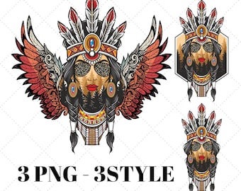 May include: A digital illustration of a Native American woman wearing a headdress with feathers and a necklace. She has a forest scene for a face and is wearing sunglasses with a leopard print design. The image is in three different styles, one with wings, one with a forest background, and one with a simple background.