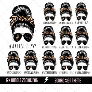 Sternzeichen bündeln Png 12x, Horoskop bündeln, Digitaler Download, Sternzeichen Messy Bun Png, , Sublimation Designs Downloads