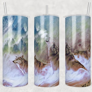 Watercolor Wolf Howling 20oz Tumbler PNG: Moon Theme (Digital Download)