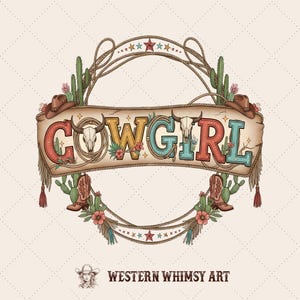 Cowgirl Png – Western Circle Rope Lettering with Design, Cowgirl Digital Art for Sublimation, Bull Skull, Cowboy Hat, Digital Download