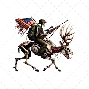 May include: A skeleton wearing a camouflage military uniform and a skull-shaped helmet rides a skeletal deer. The skeleton holds a rifle and is wearing a backpack. An American flag is draped over the deer's back.