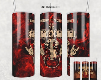 May include: Two stainless steel tumblers with a red and black design. The tumblers feature a guitar and the text "I know it's only Rock N Roll but I like it".